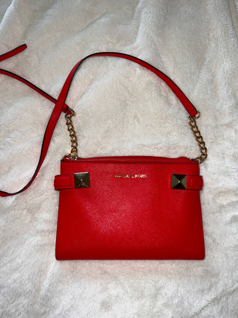 Michael Kors Red Leather Crossbody with Gold-Tone Chain